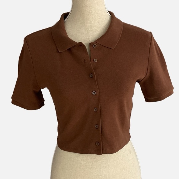 Aritzia Sunday Best Audio Top Cropped Polo Medium Cognac Brown Short Sleeve - Picture 10 of 13